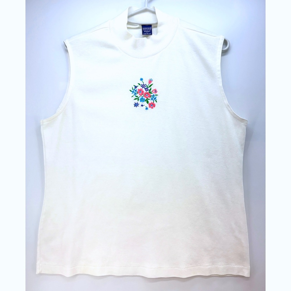 Lands End Floral Embroidered Mock Neck Tank Sz L Cottagecore Costal Granny‎ Chic